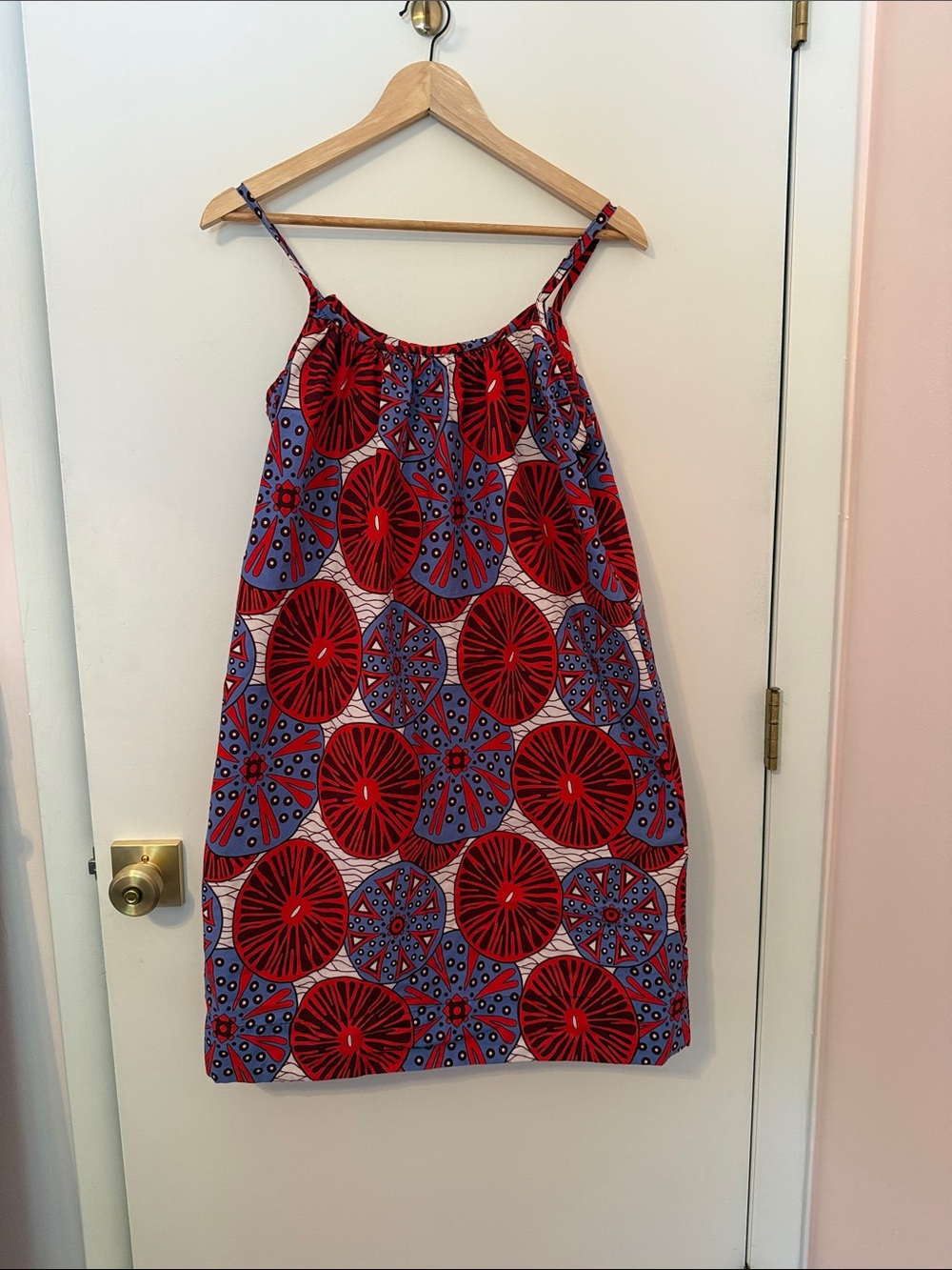 Red and Blue Printed Spaghetti-Strap Mini Dress